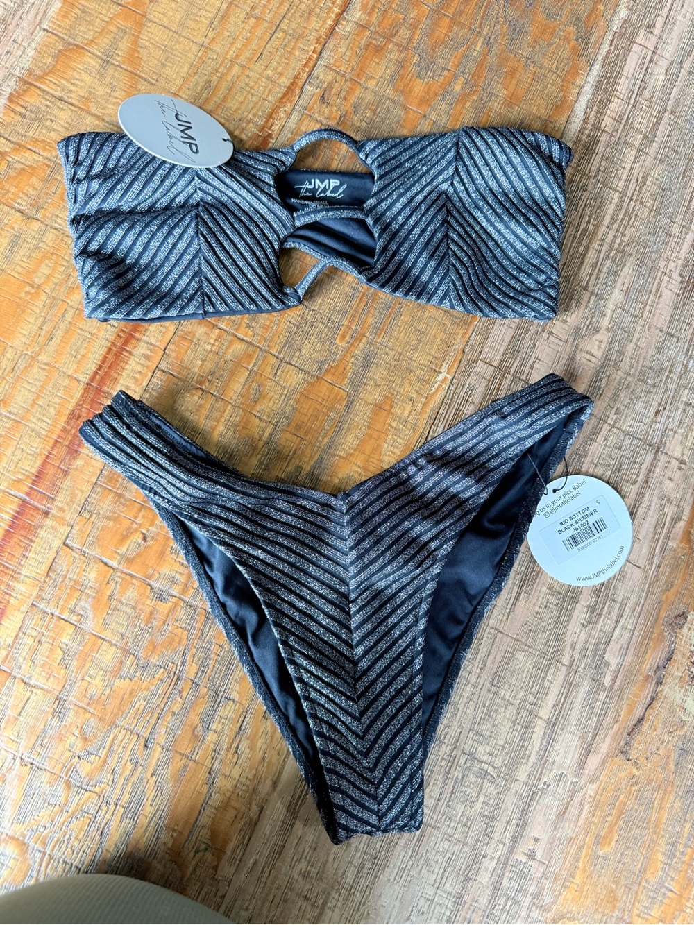 JMP The Label Metallic Black Stripe Bikini Set